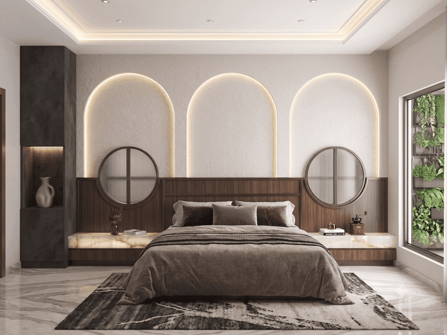 Luxury Contemporary Bedroom with Warm Wood and Ambient Lighting